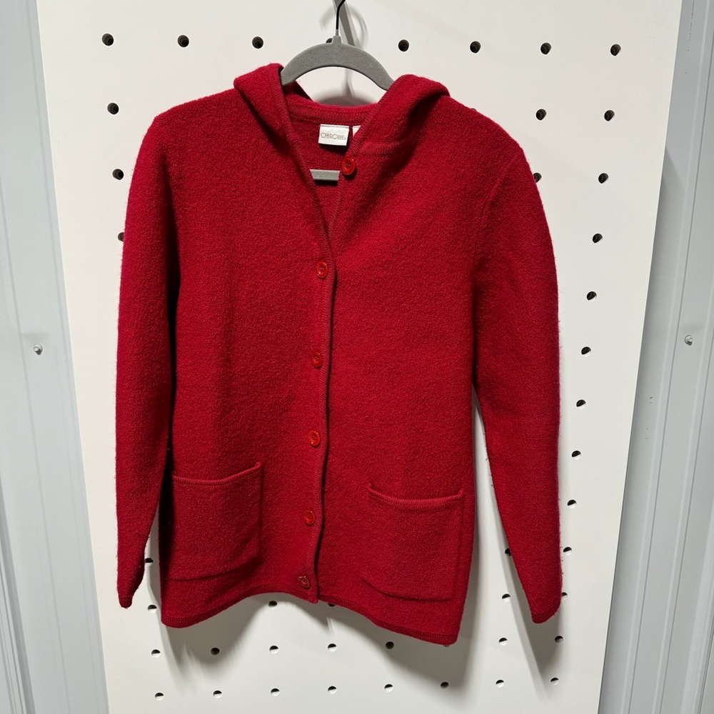 Cherokee Hoodie Womens Red 100% Wool Button Up Sweater Sz M
